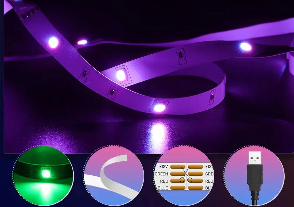 ColorRGB 5050 LED szalagfény Bluetooth App 5V USB LED szalag Rugalmas TV háttérvilágításhoz 16 millió szín