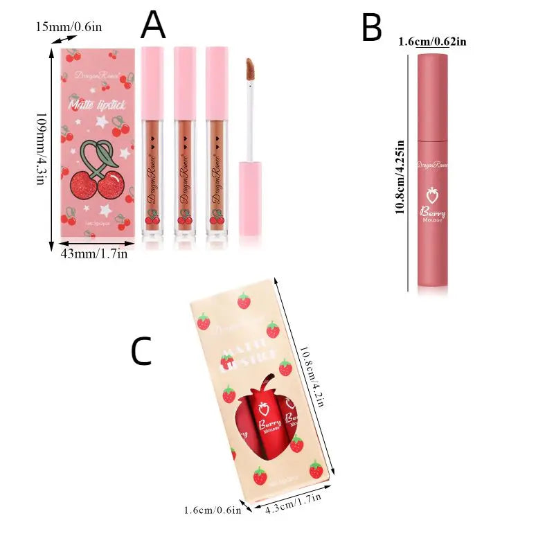 3db/készlet matt rúzs szett cseresznyés szájfény bársony hosszantartó ajakmáz vízálló vörös ajak smink kozmetikai eszköz.